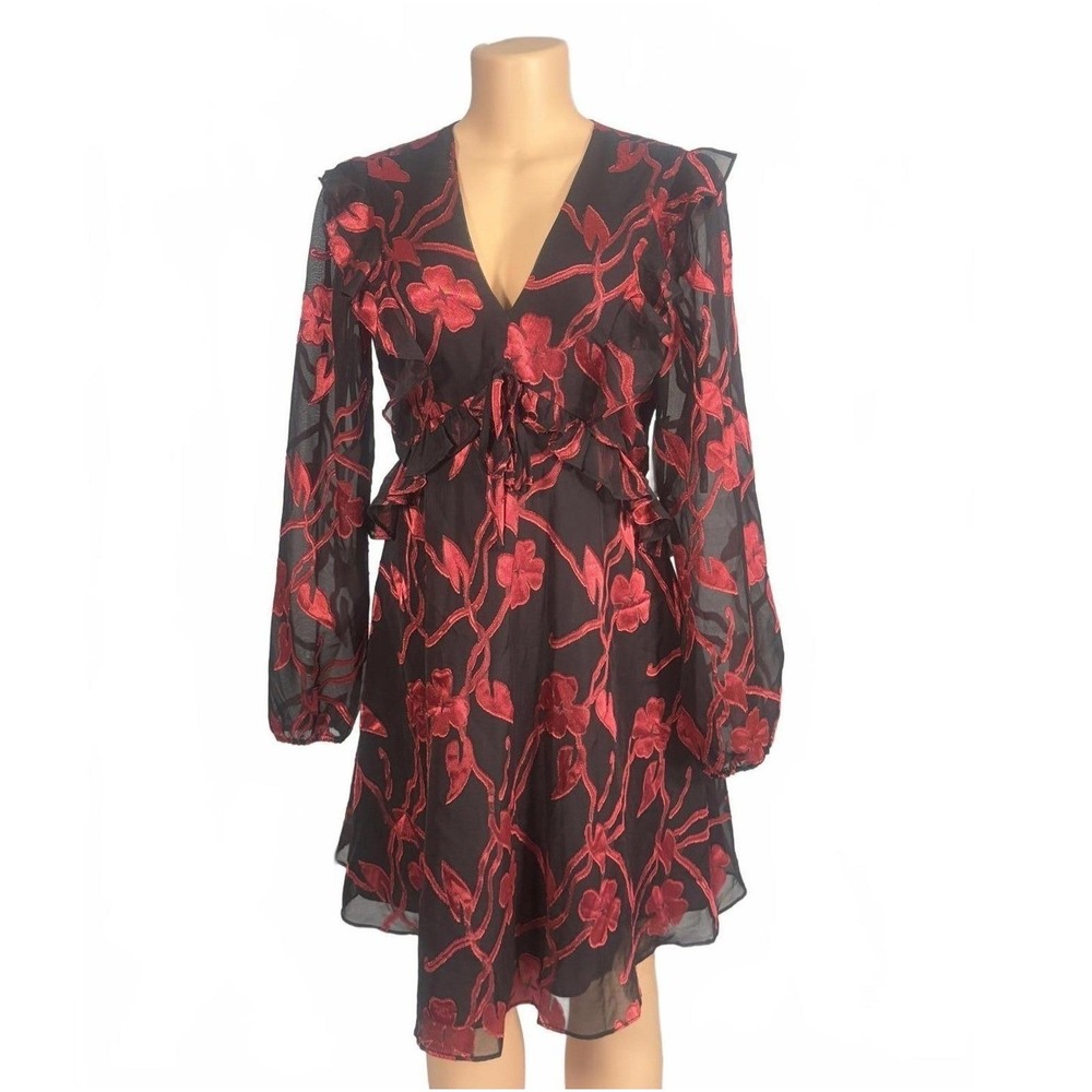 Kensie Womens Black Red Floral Sheer Long Sleeve V Neck Ruffle Mini Dress Size 4